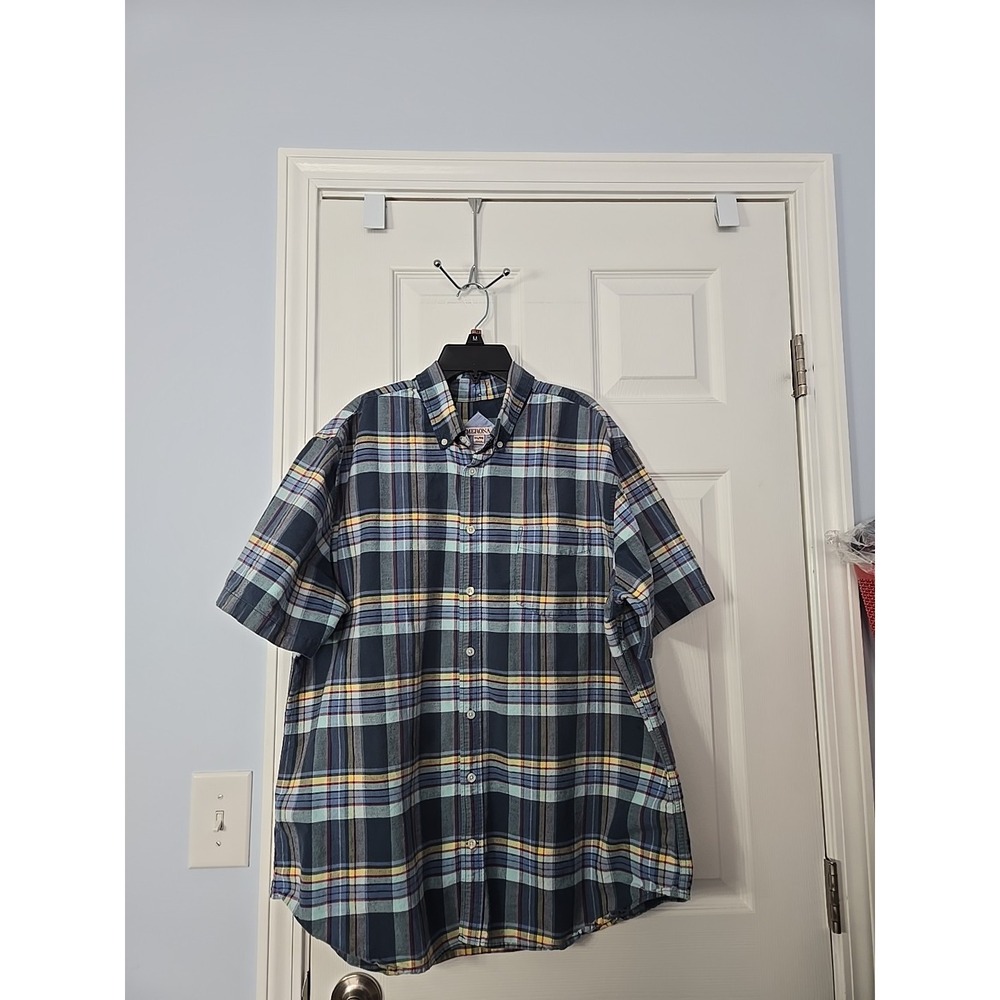 Merona Shirt Button Down Men's Classic Fit Size XL Short Sleeve Plaid Pink Blue
